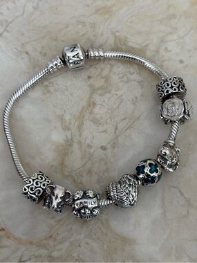 Pandora ALE 925 Sterling Silver Charm Bracelet w/ 6 Charms + 2 Clips